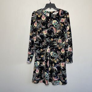 LOFT Dress Womens 4 Black Floral A-Line Long Sleeve Stretch Knit Paisley